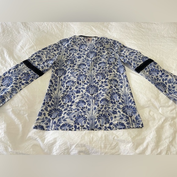 Tory Burch | Tunic Floral Blouse SZ 4 Blue Print Tie Tassel Front Cotton - Picture 10 of 11